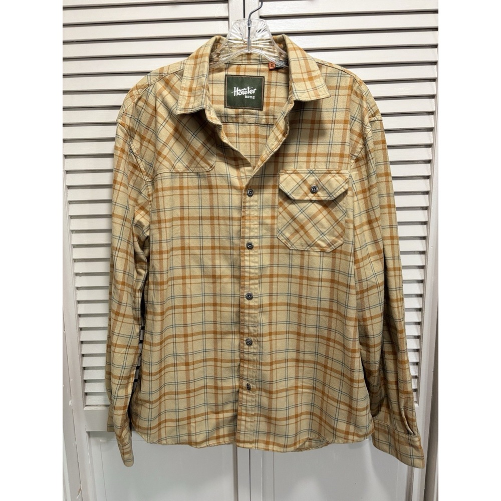 Howler Flannel Plaid Button Up Shirt Size Medium Long Sleeve Pockets Logo Tan/Or